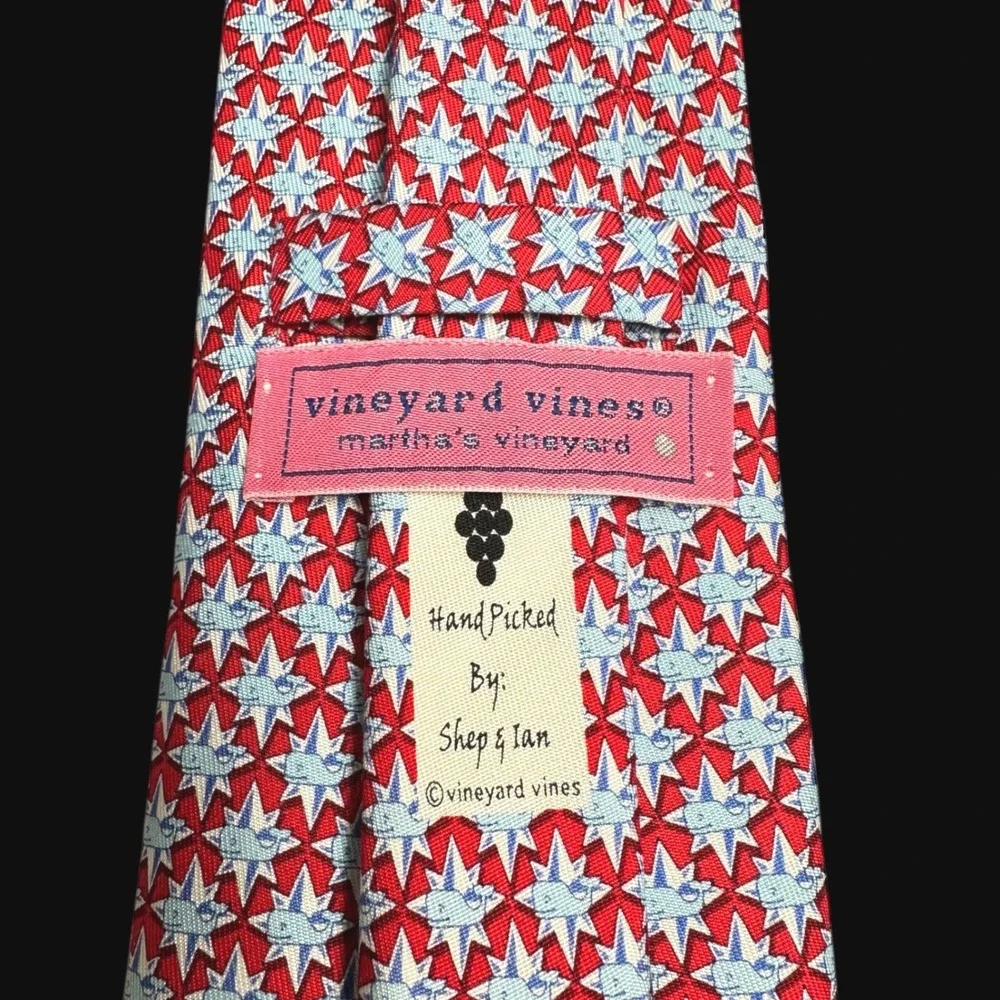 Vineyard Vines Mens Red Blue Whale Star Silk Tie Hand Picked Shep & Ian USA Made